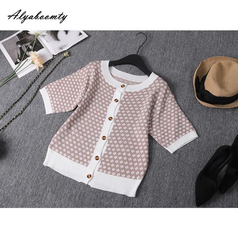 

Корейская мода летний женский трикотажный топ короткий O-образный вырез зеленый коричневый жаккардовый трикотажный свитер короткий рукав базовая универсальная футболка One Size