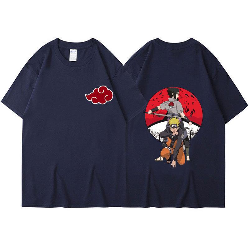 Naruto Sasuke Red Moon Scene T-Shirt, Front Akatsuki Cloud Badge Back Dual Character Graphic Unisex Loose Top