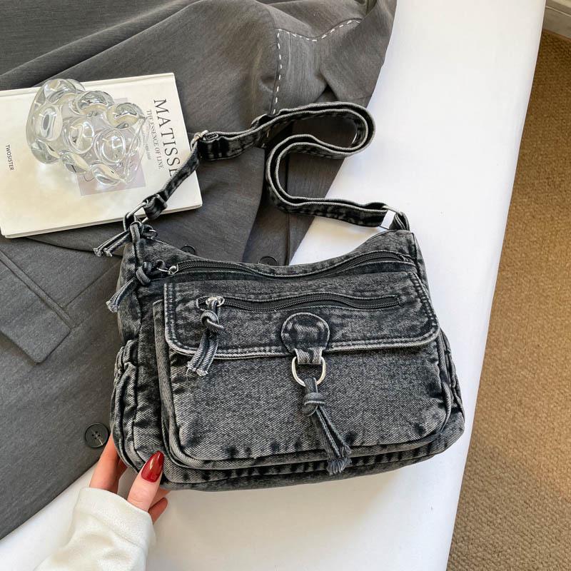 Retro Washed Denim Multi-Compartment Crossbody Shoulder Bag for Women чёрный