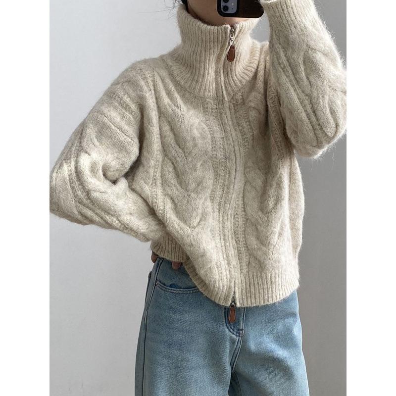 

Кардиган-свитер на молнии с высоким воротником, женский, осенне-зимний, новый, свободный, мягкий, восковой, вязаное пальто с узором «косички» one size бежевый