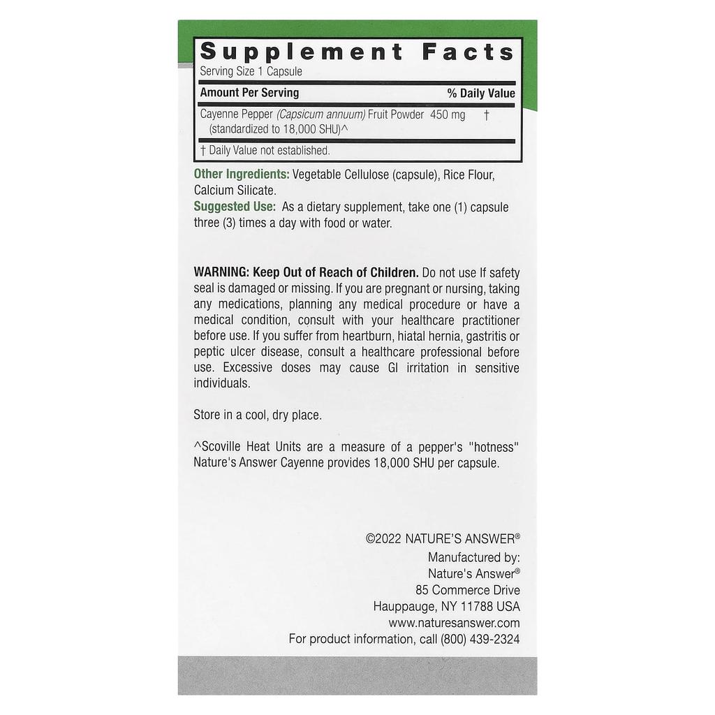 Nature's Answer Cayenne, Veggie Caps, 90 Capsules (450Mg Per Capsule)