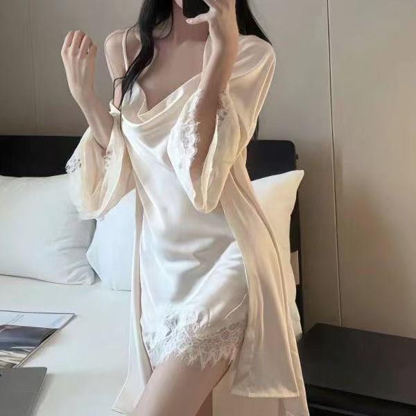 Autumn 2025 Light Luxury Lace Pajamas - Sexy Cowl Neck Camisole with Chest Pad