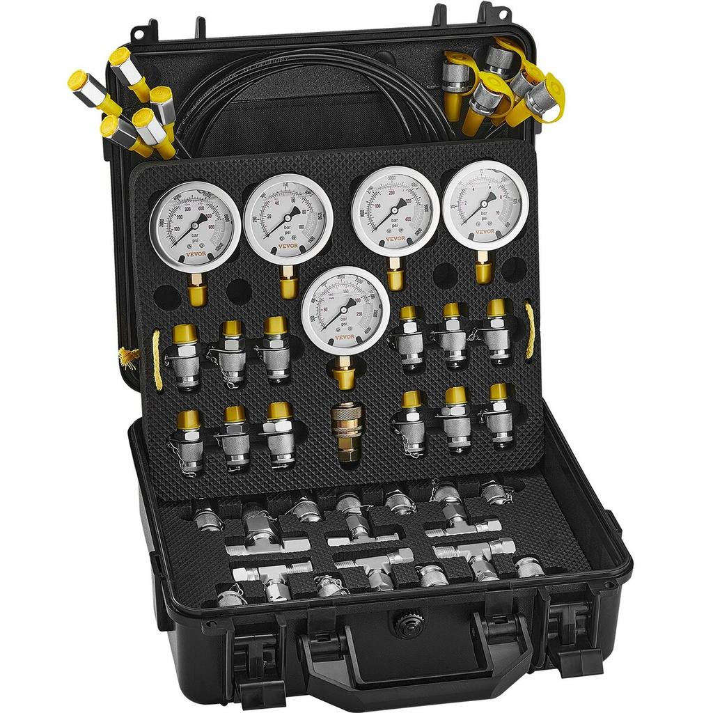 Hydraulic Pressure Test Kit, 10/100/250/400/600bar, 5 Gauges 13 Couplings 14 Tee Connectors 5 Test Hoses, Excavator Hydraulic Test Gauge Set with