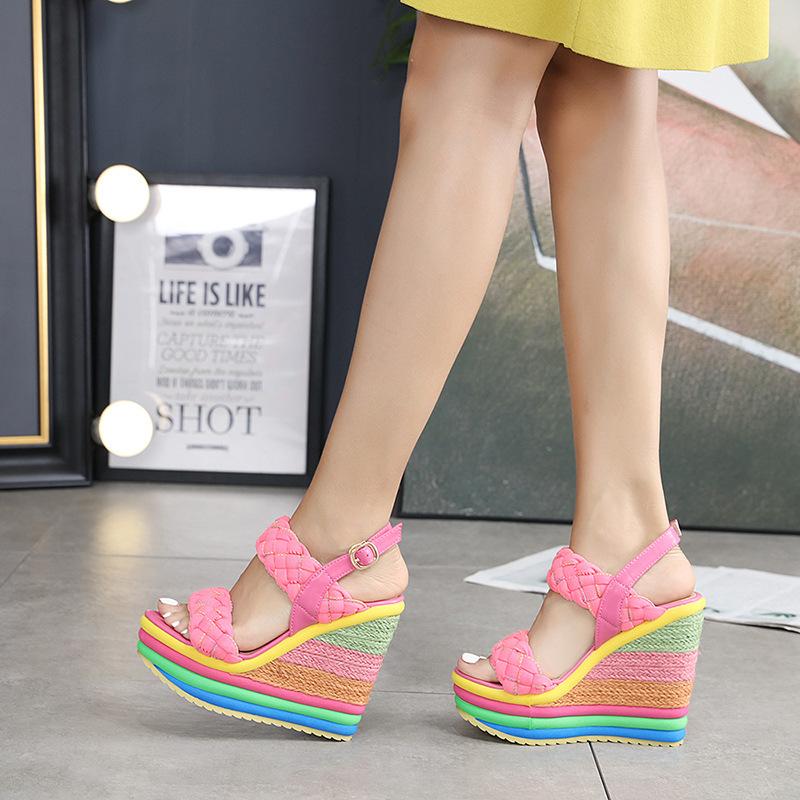 Plus Size 34-43 Shoes for Women Summer 2026 Rainbow Wedge Sandals Open Toe Sandalias Platform High Heel Casual Roman Women Shoes