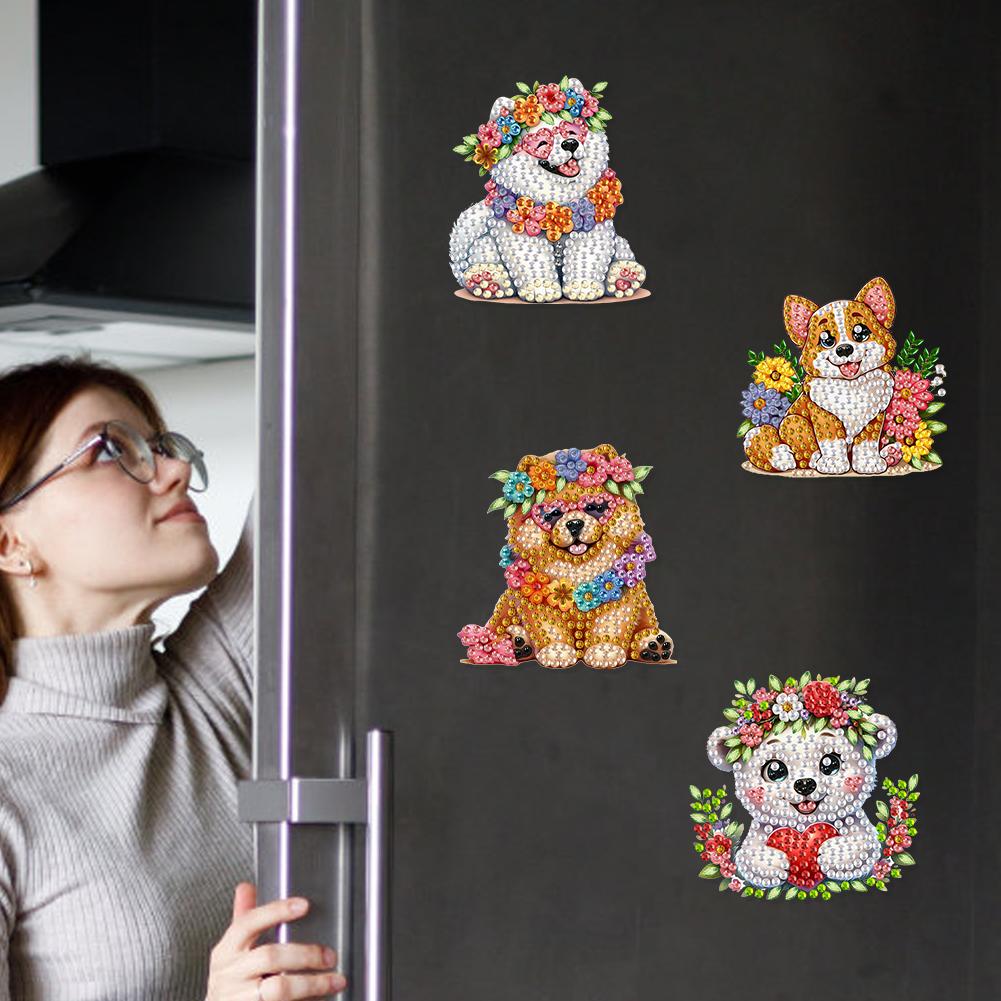 6Pcs Acrylic Flower Dogs Fridge Stickers Diamond Art Magnets Decals Diamond Painting Refrigerator Magnet for Adults Beginners
