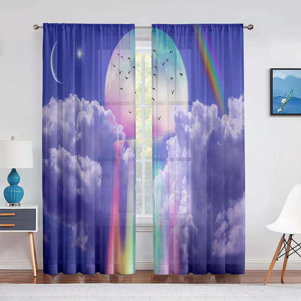 Idyllic Spring Meadow On The Mountains with Flowers Rainbow Sheer Voile Curtains for Living Room Kitchen Window Tulle Curtain