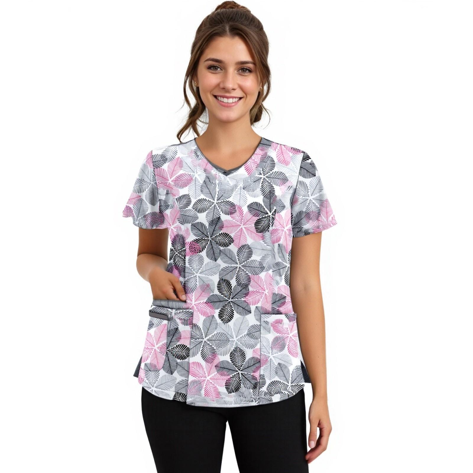 

Women s Printing Short Sleeve V-neck Tops Working Uniform Pocket Blouse XL білий