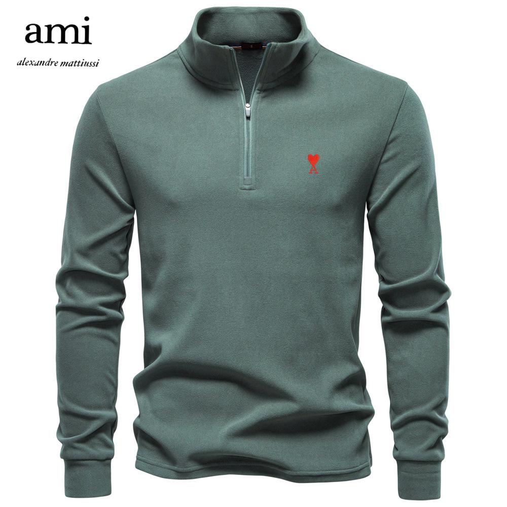 High Street Clothing AMI 2025 Herfst/Winter Geborduurde Nieuwe Grote Heren Opstaande Kraag Halve Rits Lange Mouw Duits Velours Warme Basis Trui L