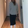 Lady Fashion Women Long Sleeve Split 2 Piece Set Casual Stripe Outfit Skirt