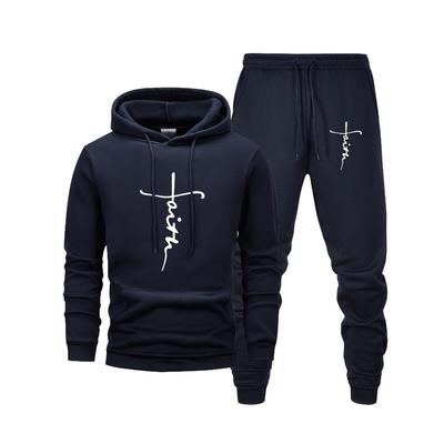 Faith Print Men's Casual Hooded Long Sleeved Sweatshirt and Jogging Suit Set, Suitable for Casual Wear Enthusiasts Unique Print
