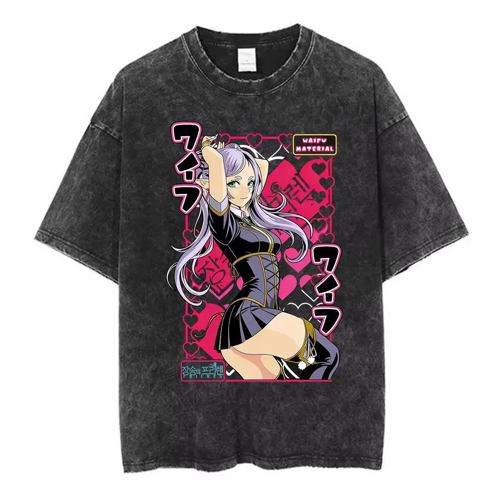 Hot Sale Anime Frieren Beyond Journey's End Vintage Washed T-shirt Men's Women Clothing Fashion Short Sleeve Trendy Streetwear for Daily Looks