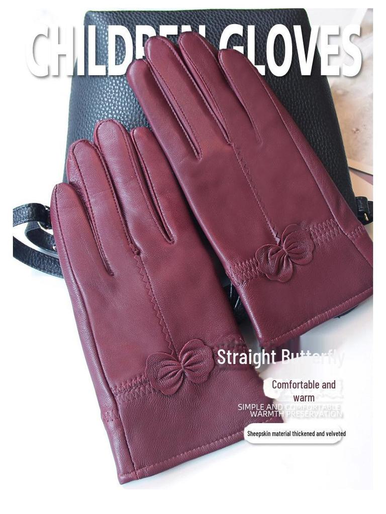Women's Winter Bow Leather Gloves: Thick Velvet, Windproof, Waterproof, Warm Cycling Gloves