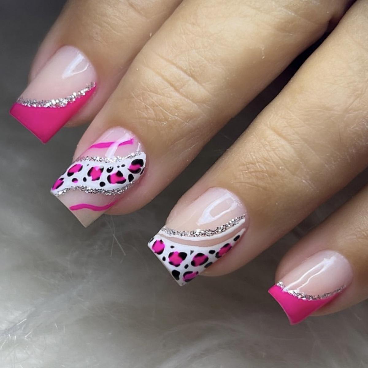 

Съемные квадратные розово-красные и серебристые блестящие леопардовые накладные ногти