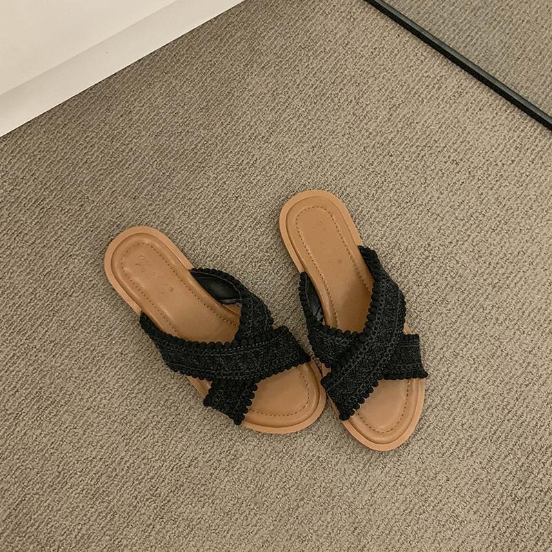 

Крутые тапочки в этническом стиле, женская летняя обувь 2025, новые богемные женские тапочки на плоской подошве с перекрещенными ремешками и перемычкой 39 чёрный