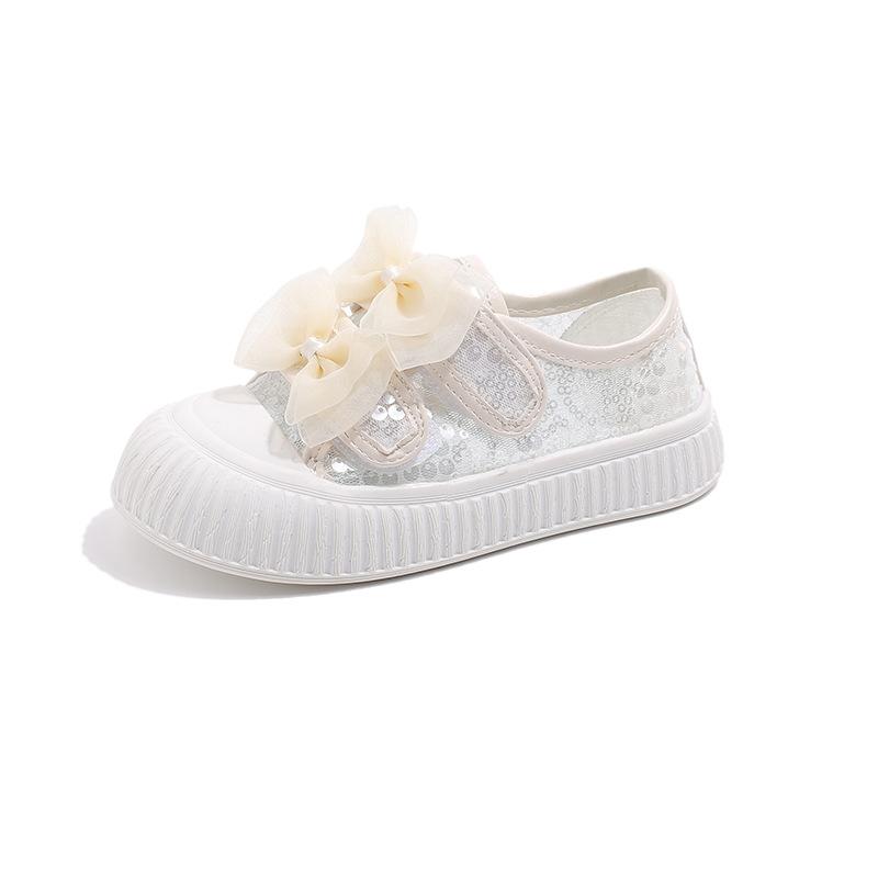 

Girls Casual Flat Shoes Summer New Children Versatile Bow Princess Shoes Kids Cute Sweet Mesh Tennis Shoes with Sequins 23 бежевий