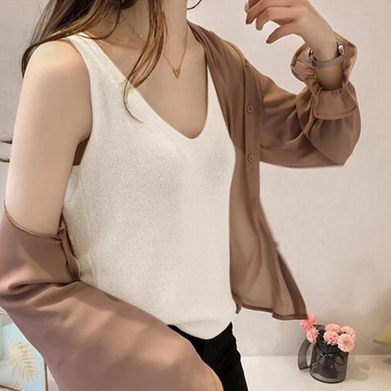 Korean Elegant Shiny Silk V-Neck Sleeveless Versatile Casual Knitted Vest For Women