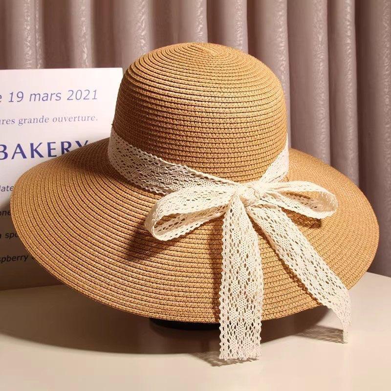 Flat-top straw hat women's straw top hat, new summer big-brimmed sun hat, seaside vacation sun hat