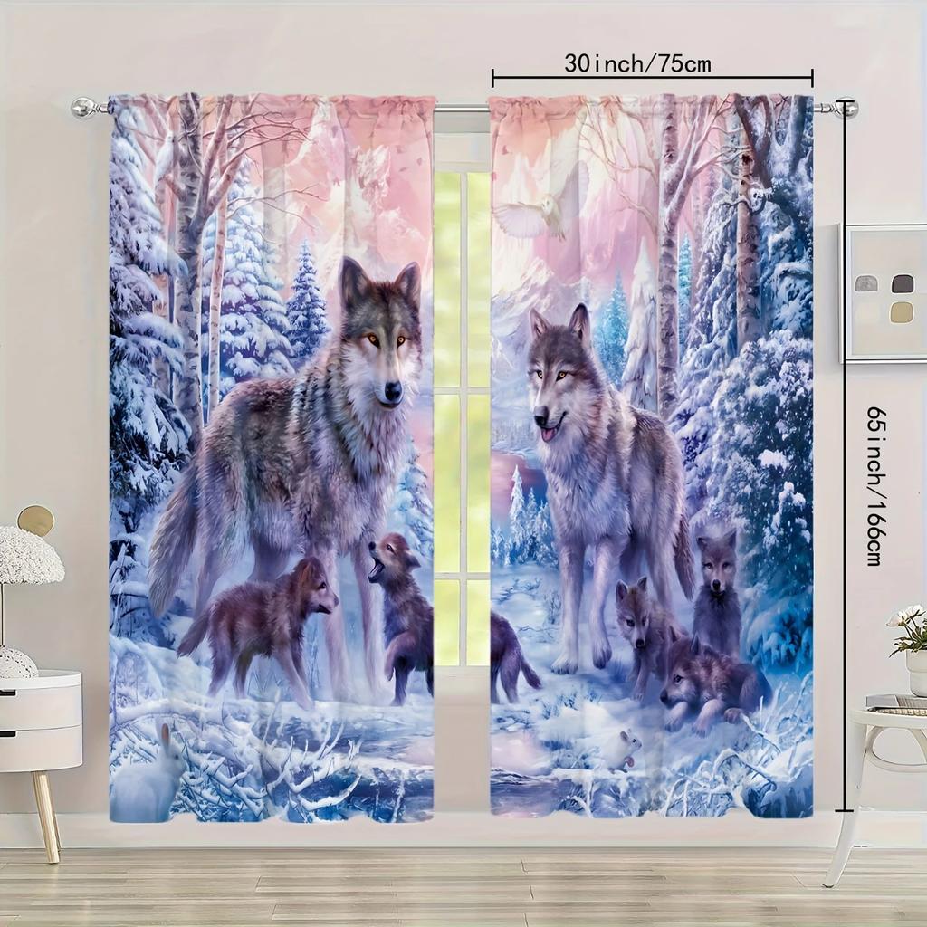 Elegant Snow Wolf Forest Patterned Printed Curtains Pole Bag Home Decoration Room Curtain Made Of Polyester