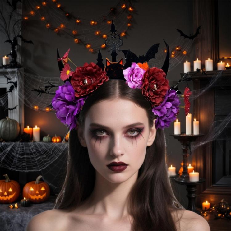 Dark Series Flower Hairband with Skull Decors For Women Girl Halloween Costume Party Role Playing Accessory Headpiece