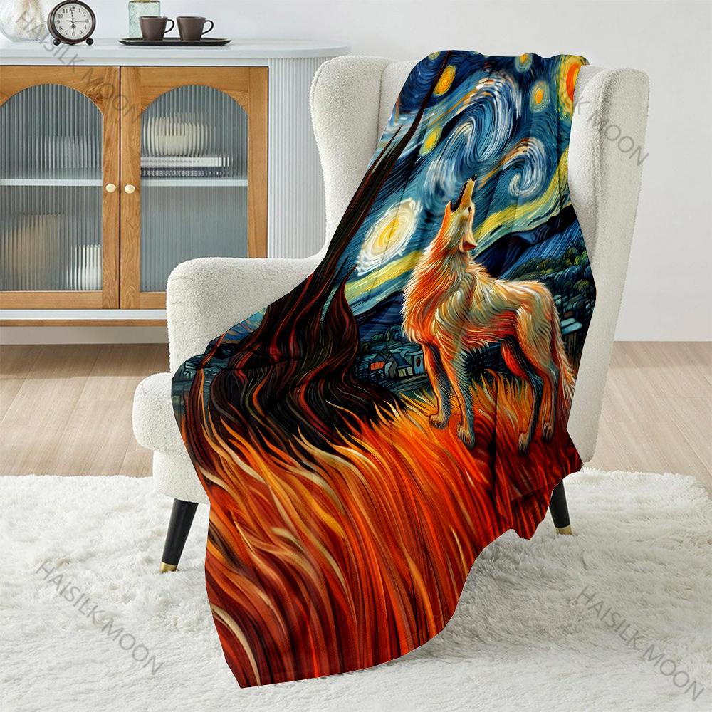 Multi size Van Gogh Starry Wolf Pattern Blanket Flannel Material Soft Warm for All Seasons, Home Outdoor Camping Picnics RV