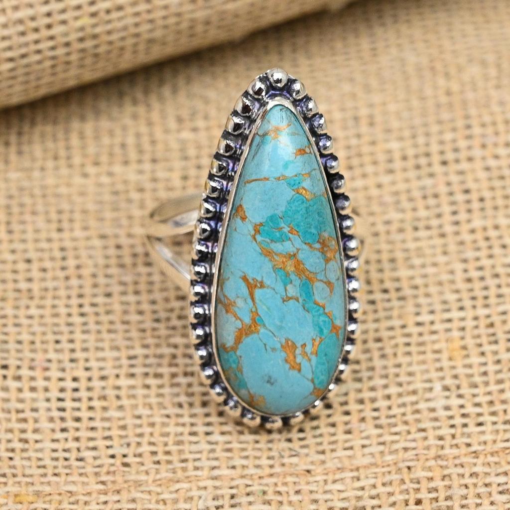 Blue Copper Turquoise Gemstone 925 Sterling Silver Handmade Ring Jewelry Beauteous Gift For Her