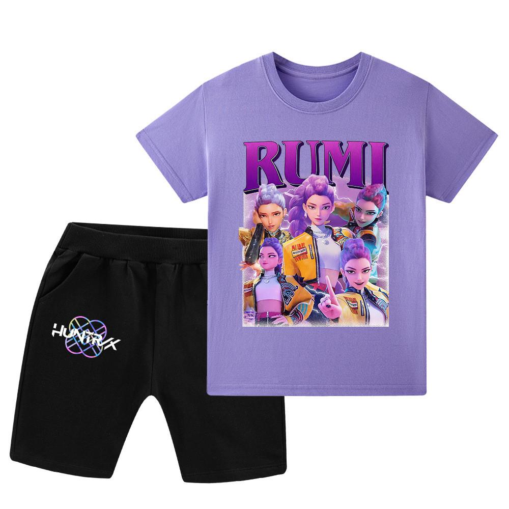 

WA1208 Kids Boys Girls Kpop Rumi Zoey Mira Print Short Sleeves T-shirt Shorts Pants Sets 160cm фіолетовий
