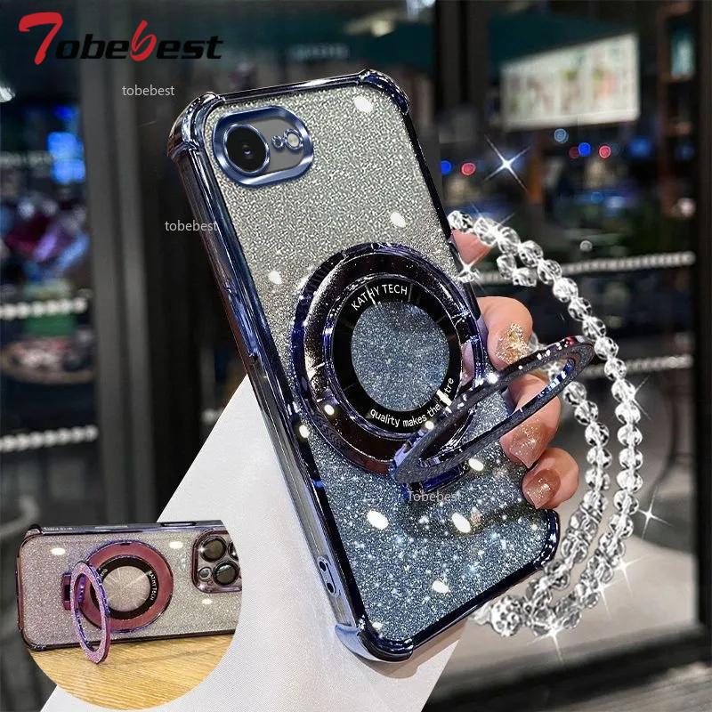 For iphone 16E 2025 16 15 14 Plus 13 12 11 Pro Max Case Shockproof Glitter Plating Crystal Bracelet Magsafe Phone Holder Cover