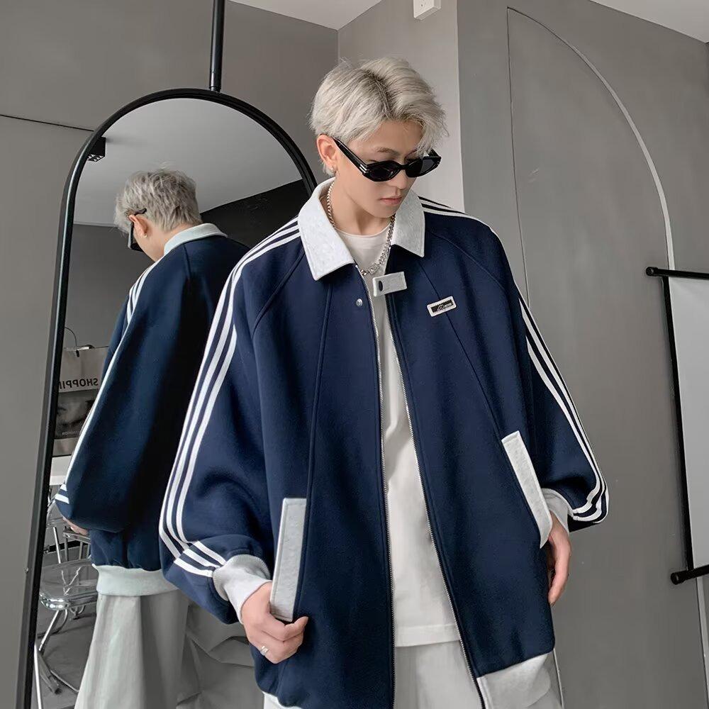 American Splicing Sports Jacket Men's Autumn Heavy Trendy Brand Versatile Couple Jacket High Street Ruffian Striped Baseball Jersey