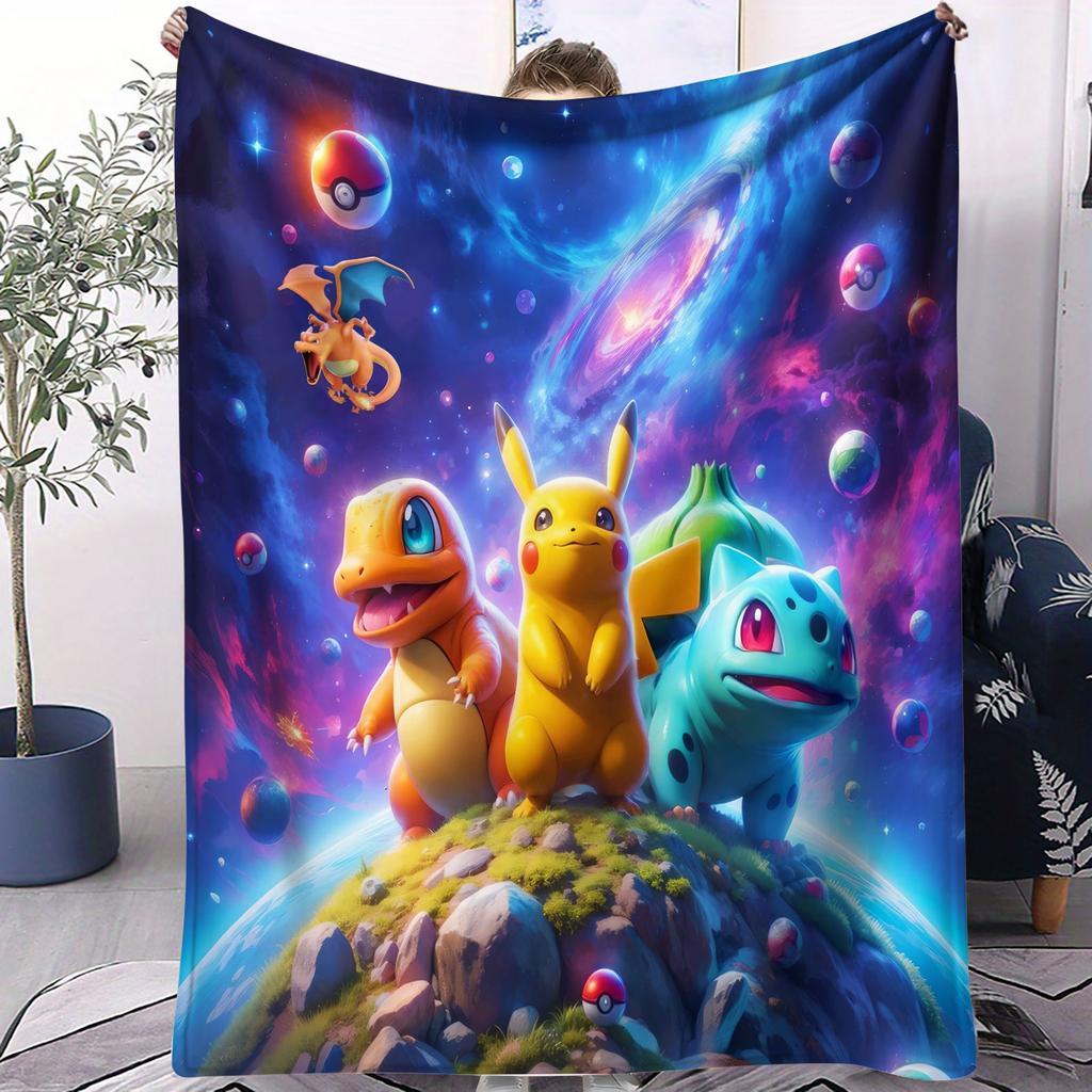 Pokémon Anime Flannel Blanket Vibrant Pikachu Ash Print Soft Warm Throw Sofa Bed Cover Camping Nap Cape Kids Adults Fans Gift