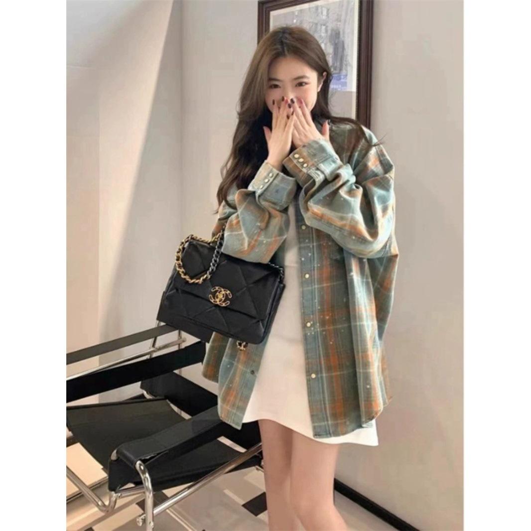 

Трендовая женская клетчатая рубашка-куртка свободного кроя 2025 - Ранняя осень, американский стиль, нишевый дизайн 2XL