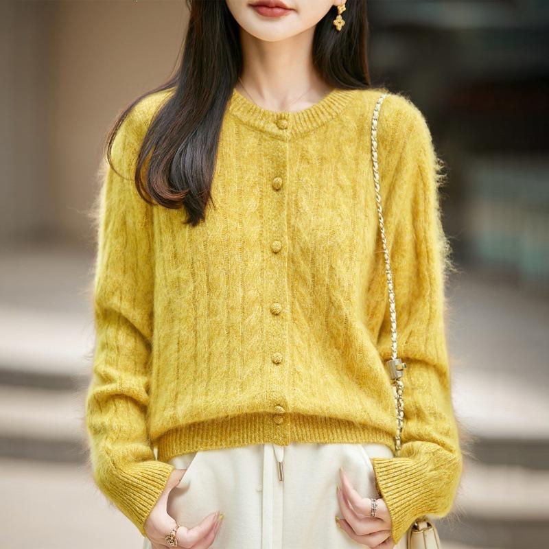 Pink Taro Cable Knit Wool-Blend Cardigan: 2023 Autumn/Winter Women's Long Sleeve Round Neck Sweater
