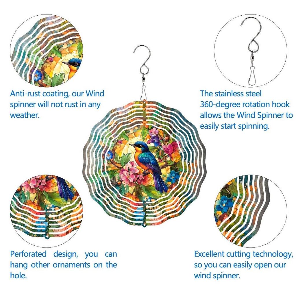 Vibrant Hummingbird & Floral 3D Stainless Steel Wind Spinner - 19.99cm Colorful Metal Sculpture for Indoor/Outdoor Garden Decoration, Battery-Free