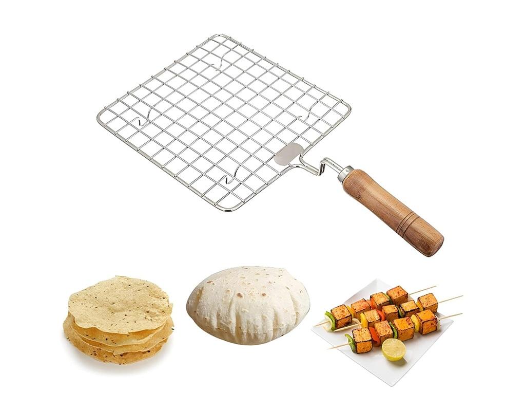 TreegoArt Stainless Steel Wooden Handle Square Roasting Net Roaster Wire with Papad Jali, Roti Jali and Barbecue Grill For Kitchen Use - Pack Of 1