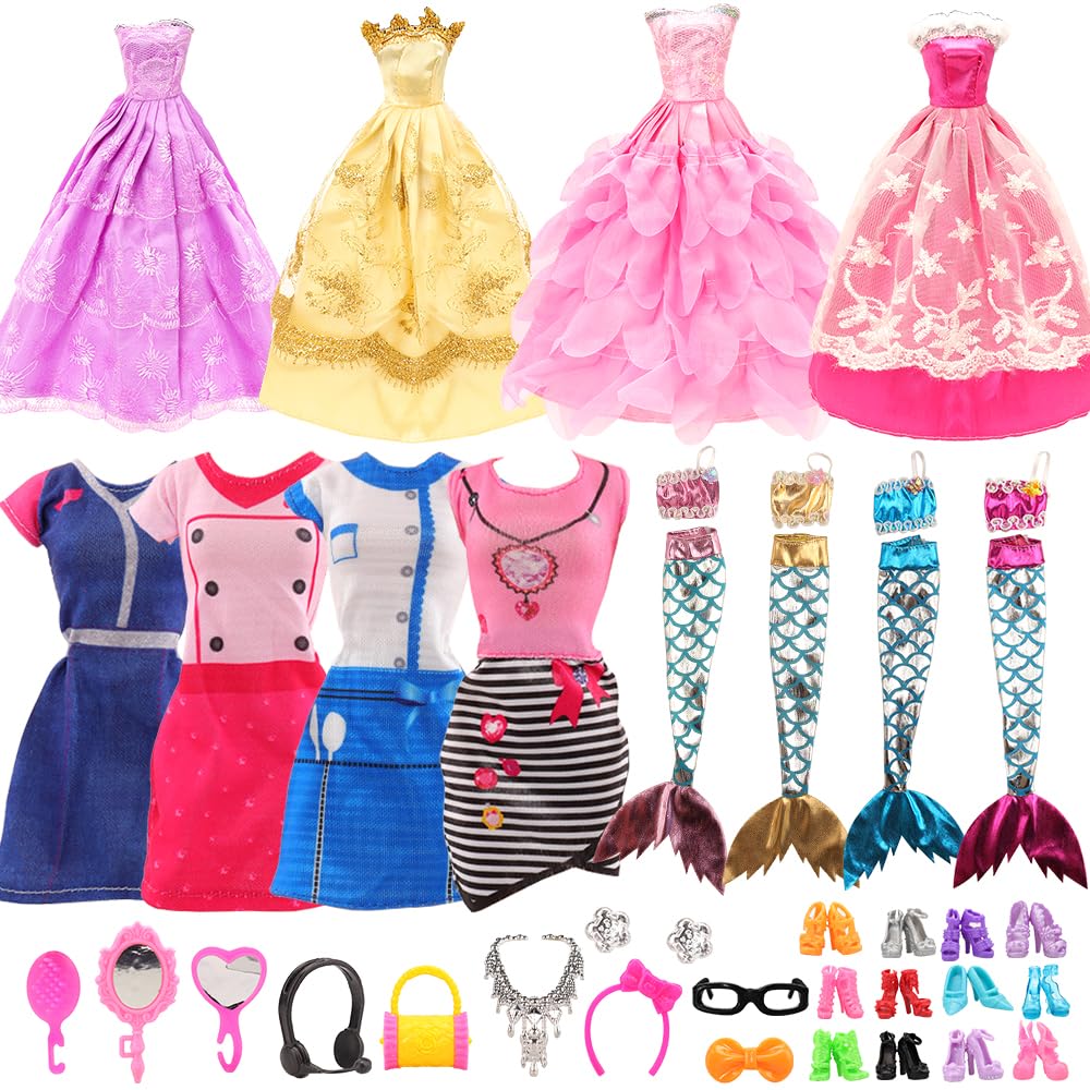 Barwawa 30cm Doll Set Random 4 4 Mermaid 10 and 40 Suitable for Scale Day Gift Clothes, 62-Piece (4 Dresses, Dresses, Dresses, Shoes, Accessories),