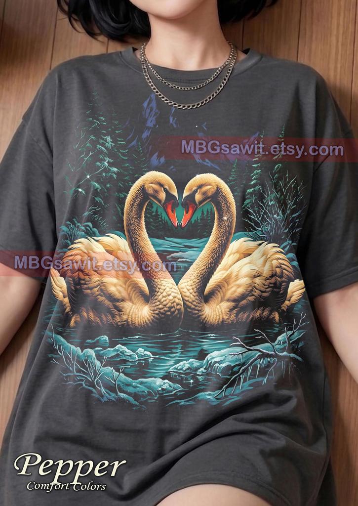 Swan Animal Lover Wildlife Nature Comfort Colors® Tshirt, Winter Lake Mountains Romantic Heart Birds Vintage Retro 90s Bootleg Tee