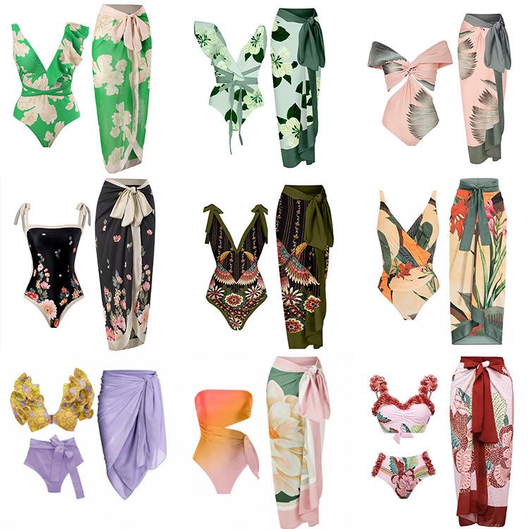 2026 Europäisches & Amerikanisches Bedrucktes Rückenfreies Bikini-Set mit Langem Gaze-Rock - Sexy Dreiteiliger Badeanzug