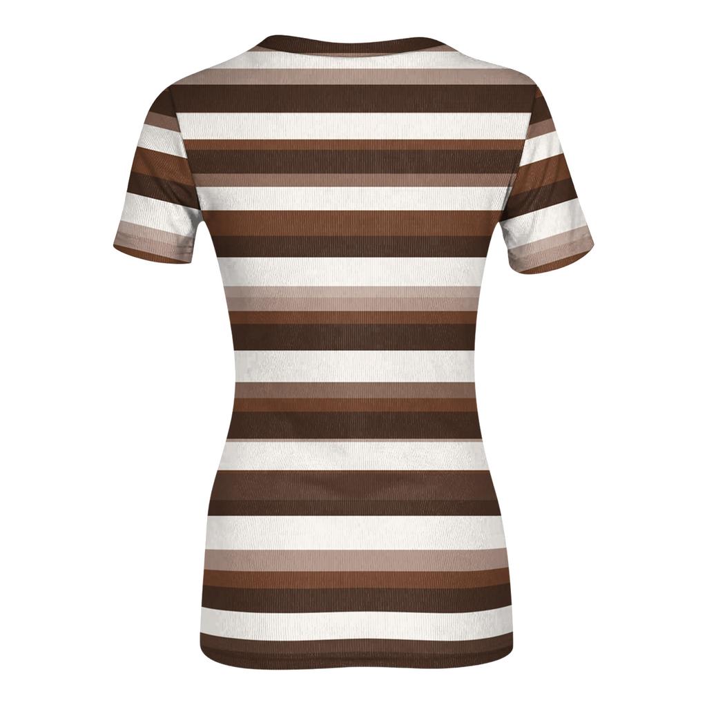 Women's Casual Fashion Round Neck Striped Print Short Sleeve Ribbed Top