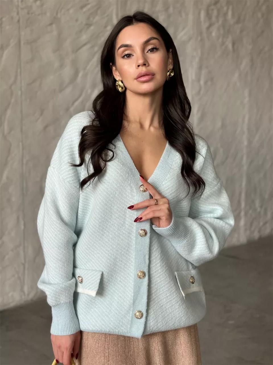 

Cinemore Женский свитер кардиган с длинным рукавом и V-образным вырезом свободный повседневный вязаный свитер модный топ с принтом в виде сердца женский кардиган пальто One Size синий