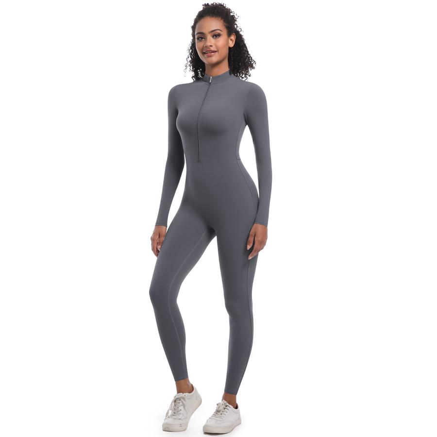 New Style Halter Zip Slim Fit Solid Color High Elastic Long Sleeve Yoga Suit Athletic Running Workout Bodysuit
