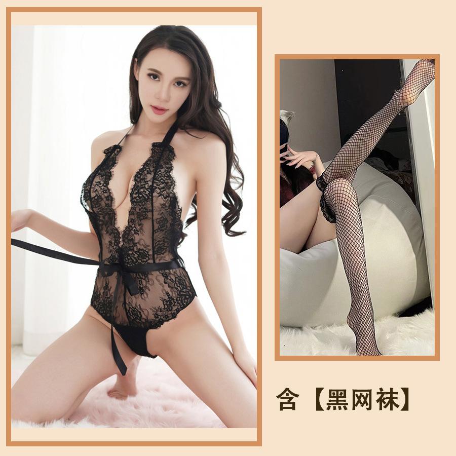 Sex Clothes Women's Onesie Sexy Deep V Lace Seduction Hot Splicing Mesh Uniform Suit Women