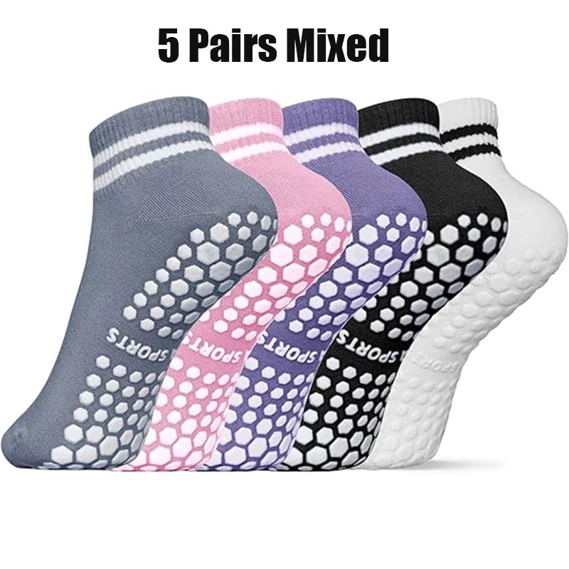 

5 пар женских носков для йоги с двойными полосками, нескользящие носки для пилатеса, йоги, захвата, женские спортивные короткие носки для тренировок в спортзале