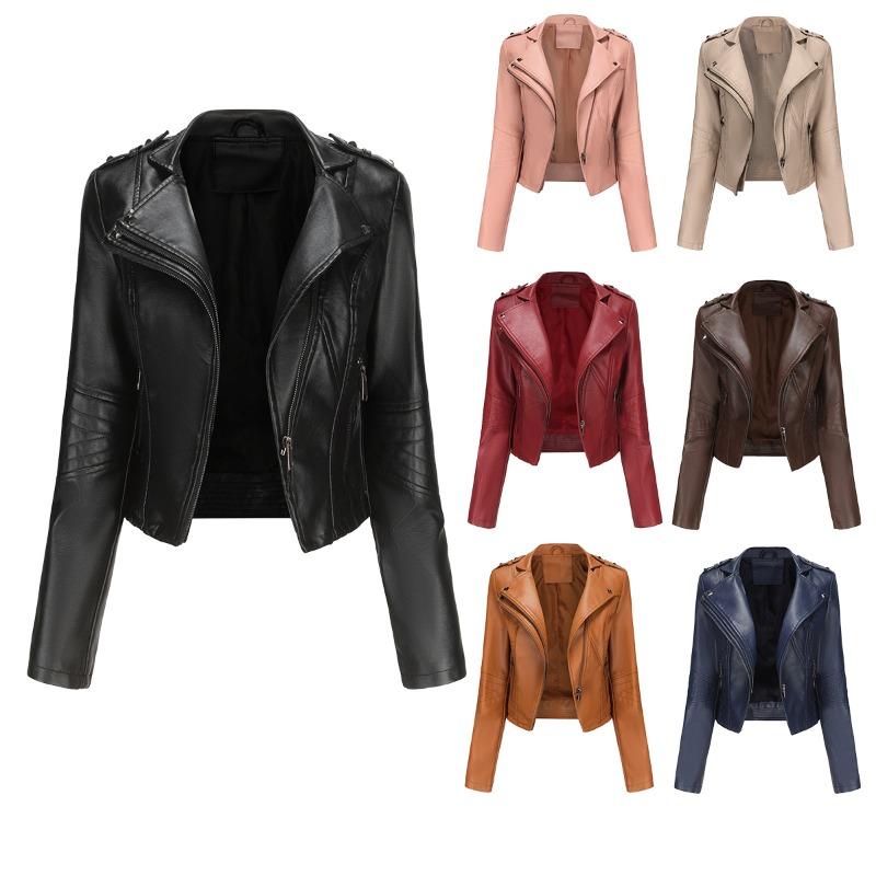 New slim-fitting long-sleeved spring and autumn leather jacket women's rivets popular short small coat zipper leather jacket