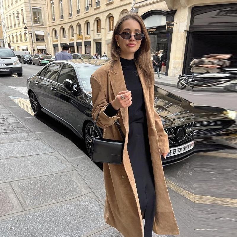 Wildleder Reversmantel Damen Winddicht und Warm Gerader Röhrenmantel Elegant Britischer Stil Pendler Oberbekleidung Herbst/Winter 2025