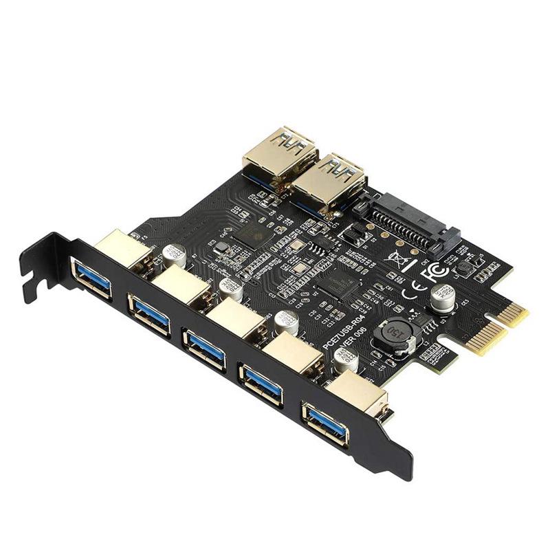7-Port USB 3.2 Adapter Card with 5 External Ports + 19-Pin Front Panel, Dual-Core Host Controller, GEN1 5Gbps.