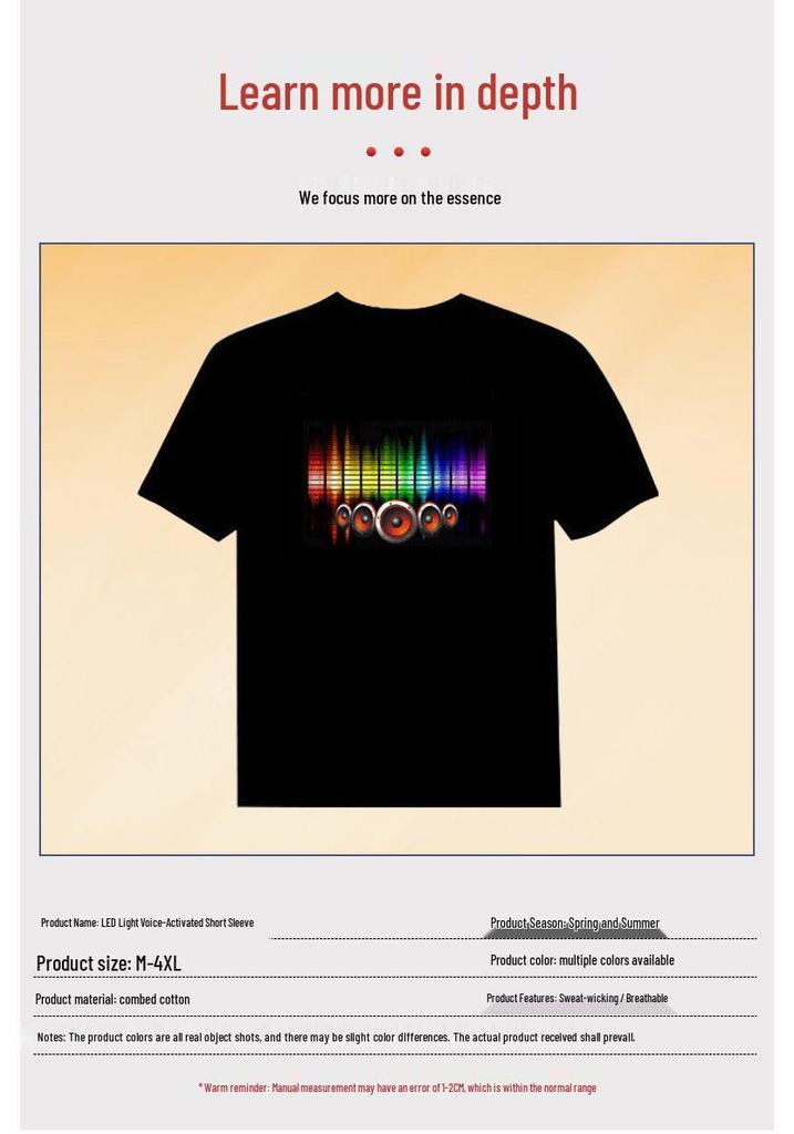 LED Sound Control Music Bar Flashing Luminous Short Sleeve T-shirt for Trendy Clubbing Men and Women.