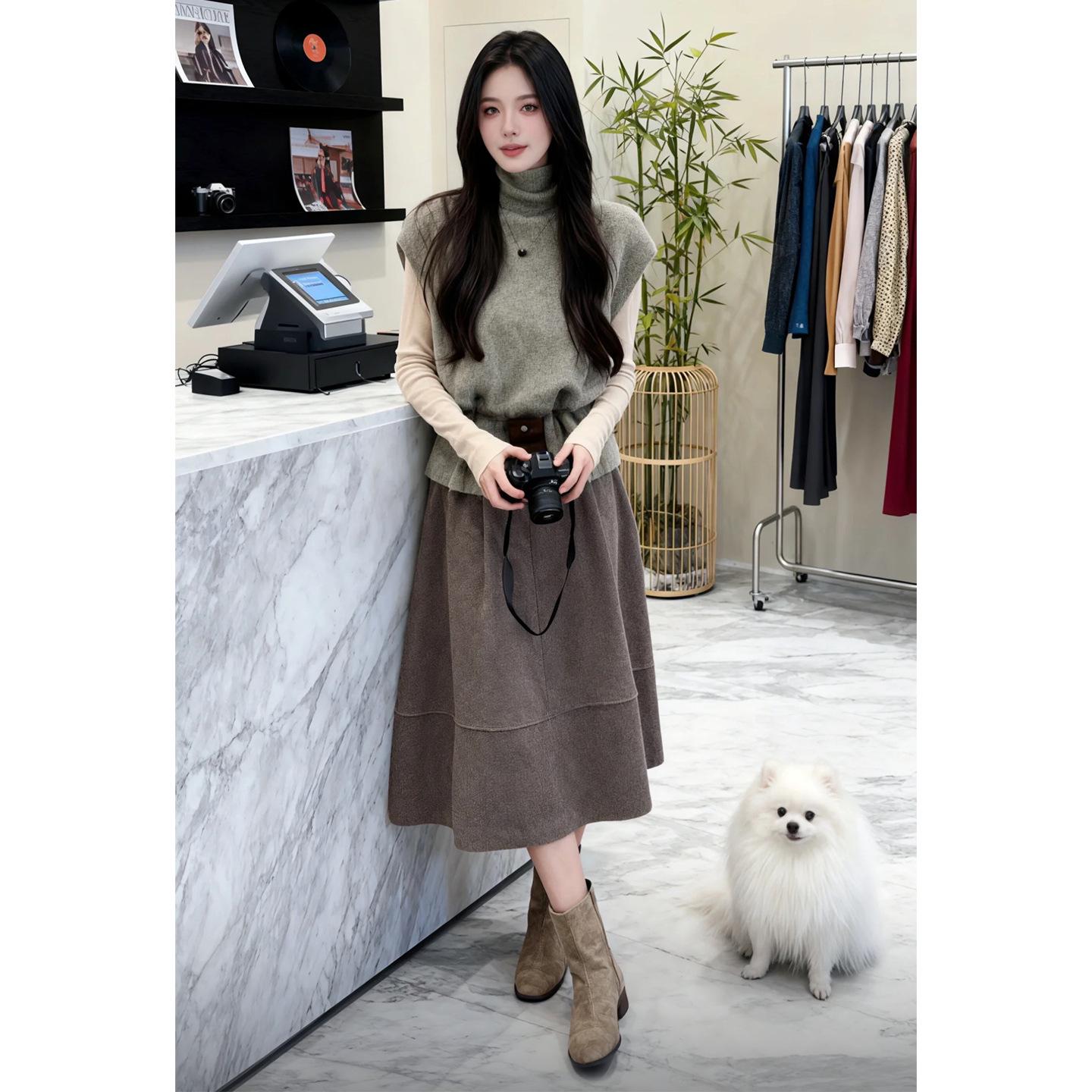 

Women s Winter Layered Set: Long-Sleeve Base, Retro Knit Vest, Slimming Skirt L (Recommended 105-115 lbs)