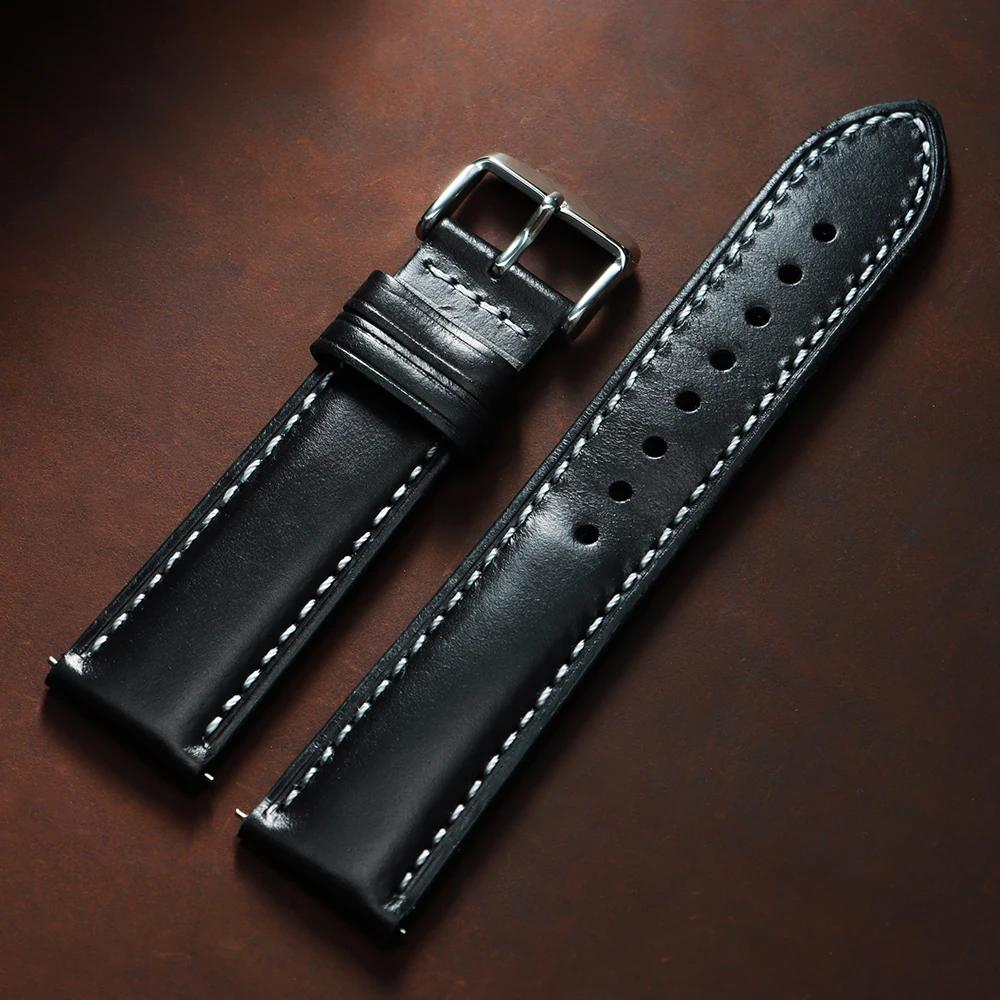 Oil Wax Calfskin Leather Watchband Soft Material Watch Band Retro Wrist Strap 18mm 20mm 22mm With Silver Stainless Steel Buckle