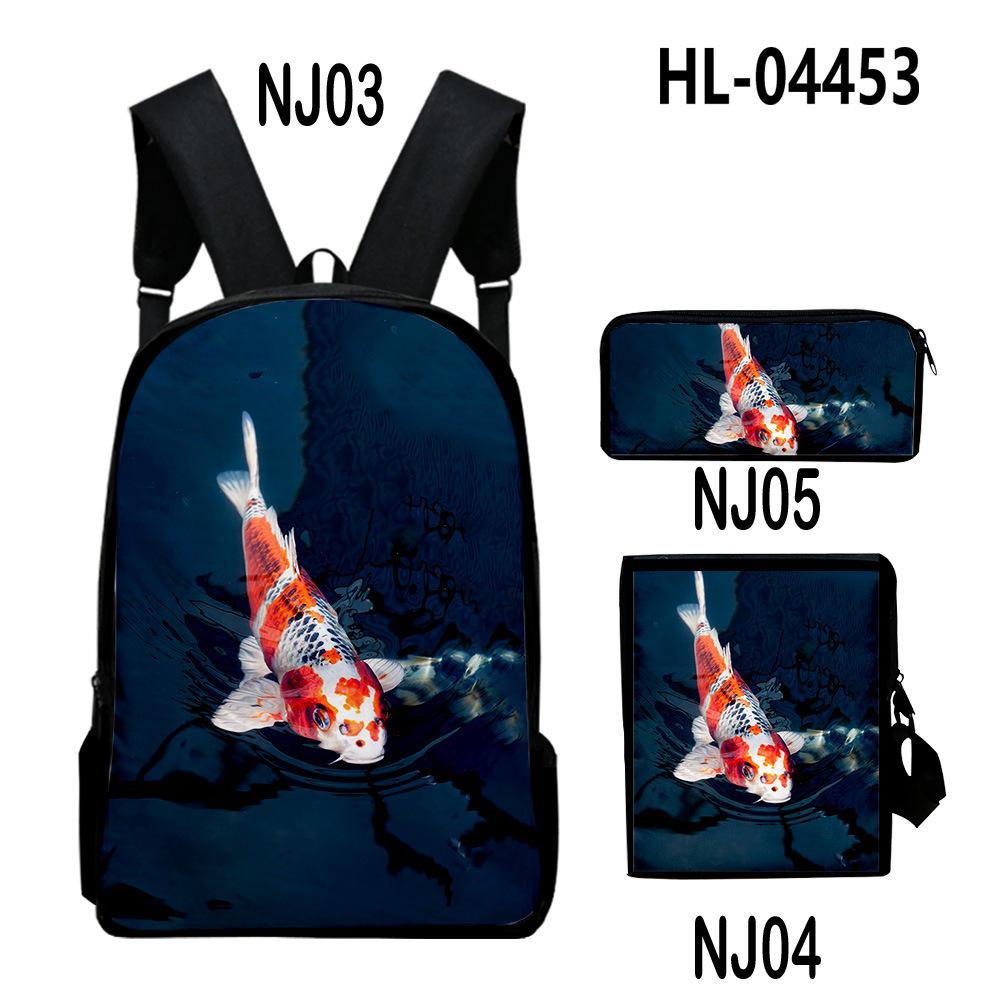 Classic Novelty Cool Koi Carp 3D Print 3pcs/Set Pupil School Bags Laptop Daypack Backpack Inclined Shoulder Bag Pencil Case
