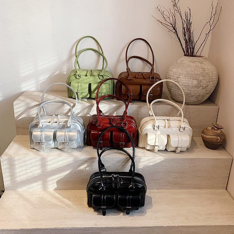 Vintage Boston Oil Wax Leather Pillow Bag Women 2025 New Commuter Bowling Bag Handbag Shoulder Bag