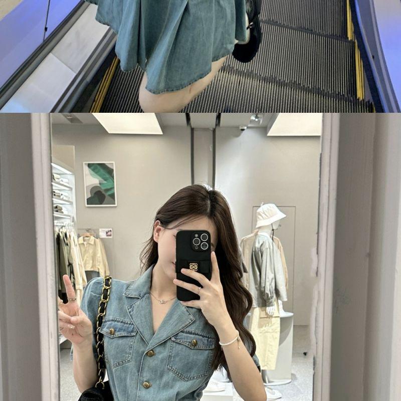 French Style Slim Denim Dress with Pleated Skirt & Belt